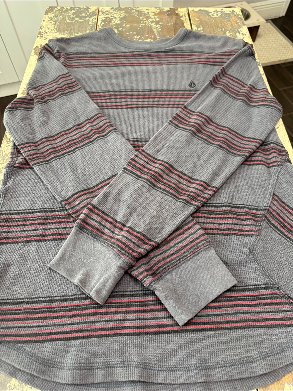Volcom Henley Grey Crewneck with Red and Bkack Stripe Detail